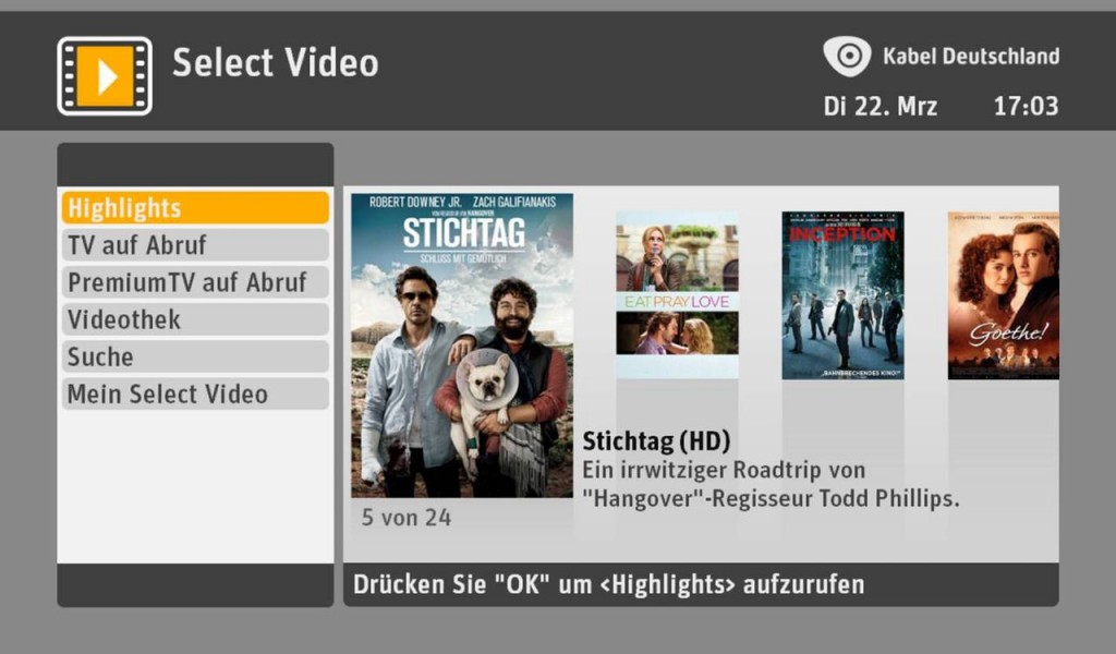 Das SELECT VIDEO Hauptmenü - Die Mediathek, das Video on Demand Angebot von Kabel Deutschland