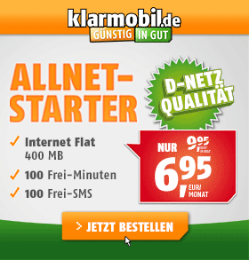 klarmobil.de - AllNet-Starter Flat ins Internet - 100 Frei-Minuten - 100 Frei-SMS - 400 MB Datenflat