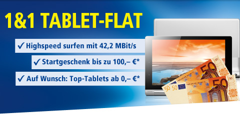 Bis zu 100 Euro Startguthaben mit der 1&1 Tablet-Flat