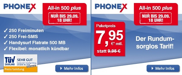 Phonex Wochenendaktion all-in 500 plus Smartphone-Tarif