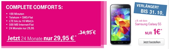 Phone House Oktober-Deal - Telekom LTE-Tarif inklusive Telekom- und SMS-Flat und dem S5 für nur 1 Euro