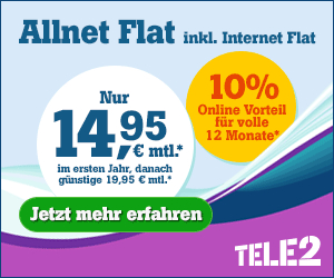 Tele2 Allnet Flat inklusive Internet Flat mit 10 Prozent Sparvorteil
