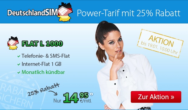 DeutschlandSIM Power-Flat mit 1 GB Internet nur 14,95 Euro monatlich