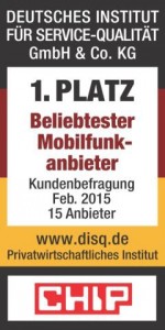 DISQ Siegel für blau Mobilfunk als beliebtester Mobilfunkanbieter 2015