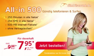 SimDiscount Smartphone-Tarif All-in 500 Aktionstarif - Dauerhaft nur 7,95 Euro monatlich