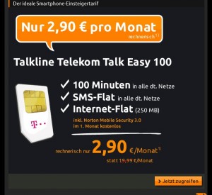 crash-tarife.de Deal-Hammer im Februar mit dem Talkline Telekom Talk Easy 100 für nur 2,95 Euro monatlich