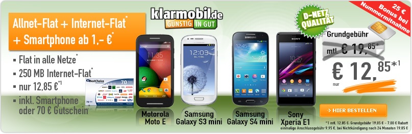 klarmobil.de Aktionstarif Allnet Spar-Flat für nur 12,85 Euro monatlich mit Smartphone ab 1 Euro Zuzahlung