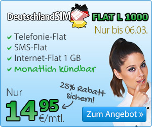 DeutschlandSIM Tarif-Aktion - Allnet-Flat inklusve SMS-Flat mit 1GB Datenvolumen bis 06.03.2015 nur 14,95 Euro monatlich mit nur 1monatiger Laufzeit