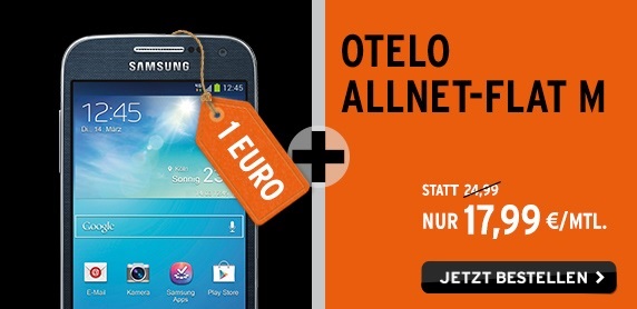 Die otelo Allnet-Flat M inklusive dem Samsung Galaxy S 4 mini für einmalig nur 1 Euro Zuzahlung