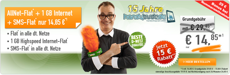 Handybude Geburtstagsaktion - Klarmobil.de Allnet-Spar Flat inklusive 1000 MB Datenvolumen nur 14,85 Euro monatlich