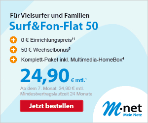 M-net Surf&Fon-Flat 50 Aktionsangebot - Einrichtungspreis sparen - 50 Euro Wechselbonus kassieren und Multimedia-Homebox - FirzBox von AVM inklusive