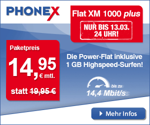 Phonex Smartphone Allnet-Flat Aktionstarif Flat XM 1000 plus für nur 14,95 Euro monatlich