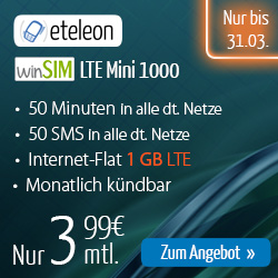 eteleon LTE Mini 1000 Aktionstarif mit 1 GB LTE 4G Speed Datenvolumen für nur 3,99 Euro monatlich