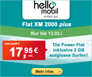 helloMobil Smartphone Allnet-Flat Aktionstarif Flat XM 2000 plus mit 2GB Datenvolumen und mit kurzer einmonatiger Laufzeit zum Aktionspreis von nur 17,95 Euro monatlich