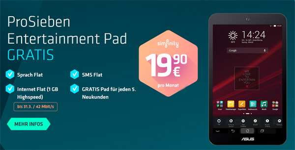 simfinity Allnet-Flat Smartphone-Tarif bestellen und gratis Pro Sieben Entertainment Pad gewinnen
