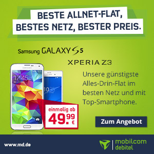 mobilcom-debitel Mai-Highlight mit der Allnet-Flat Special Allnet und dem Samsung Galaxy S5 oder dem Sony Xperia Z3