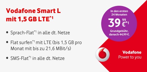 Der Vodafone LTE 4G Smartphone Allnet-Flat Tarif Vodafone Smart L mit 1,5 GB LTE 4G Datenvolumen im D2-Netz