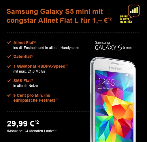 Die günstige Allnet-Flat im Telekom D1-Netz - Die Congstar Allnet-Flat L mit dem Samsung Galaxy S5 mini für einmalig 1 Euro Zuzahlung