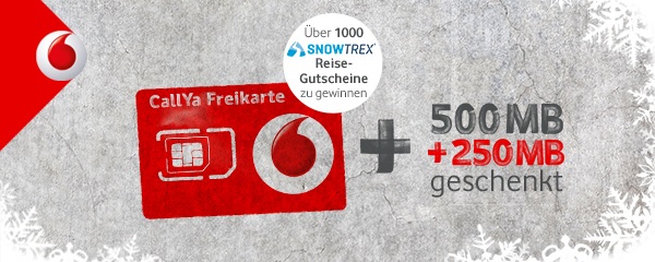 Das Vodafone CallYa Winter-Special Aktionsangebot - Prepaid D2-Netz Handytarif mit 250MB Datenvolumen gratis und die Chance auf einen SnowTrax Reisegutschein im Wert von bis zu 1000 Euro