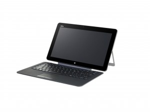 Fujitsu STYLISTIC R726 Ansicht von rechts mit magnetischer Tastatur und Tablet-PC Ständer