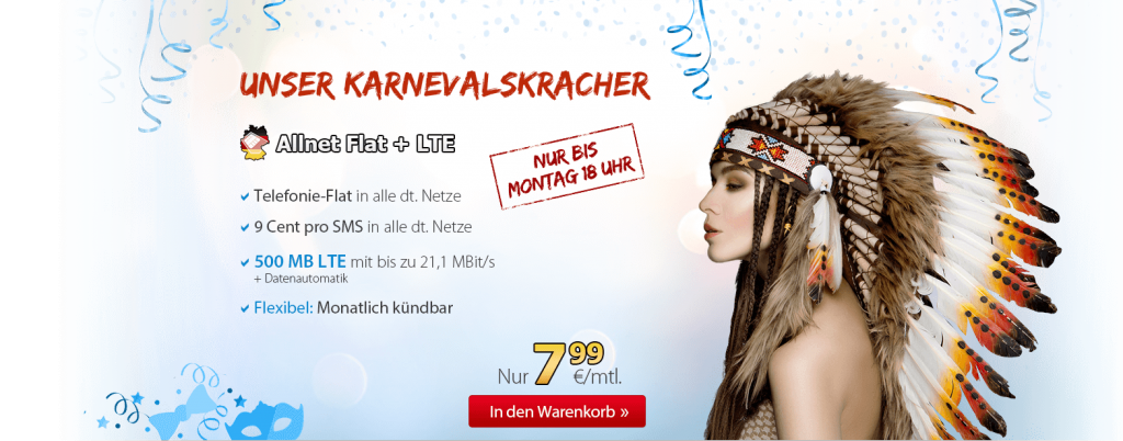 DeutschlandSIM Karneval Aktionstarif - Allnetflat Handytarif mit 500 MB LTE-Datenflat nur 7,99 Euro