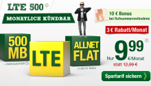 Günstiger Allnetflat Handytarif mit 500 MB LTE-Datenflat und SMS-Flat nur 9,99 € mtl.