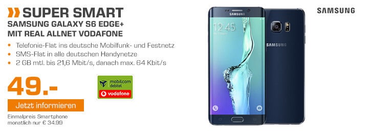 Aktionsangebot im SATURN Handy-Shop gültig bis zum 15.02.2016 mit dem Samsung Galaxy S6 edge+ im mobilcom-debitel Vodafone real Allnet Handytarif für Smartphones
