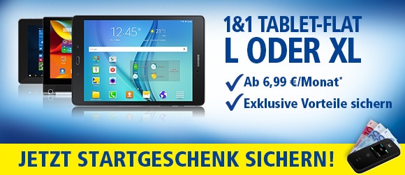 Die 1und1 Tablet-Flat L oder XL ab 6,99 Euro im Monat plus Startguthaben bis zu 50 Euro sichern