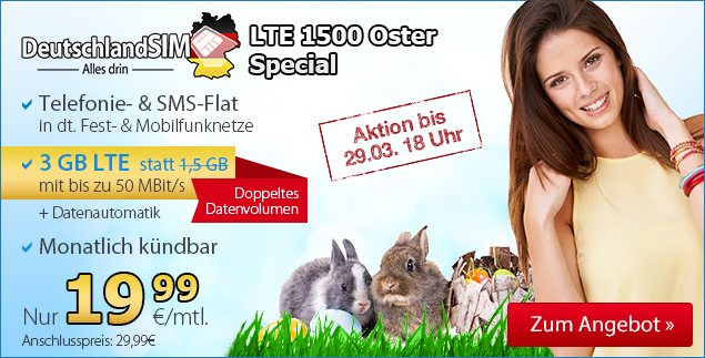 DeutschlandSIM LTE 1500 Oster-Special - Allnetflat Handytarif mit doppeltem Highspeed LTE Datenvolumen