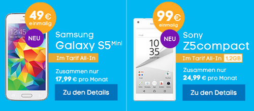 Das Samsung Galaxy S5 mini oder das Sony Xperia Z5 compact im blau All-in Allnetflat Handytarif zusammen ab 17,99 Euro monatliche Grundgebühr