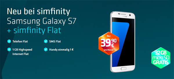 Das Samsung Galaxy S7 für 1 Euro neu bei simfinity inkl. Allnetflat Handytarif nur 39,90 Euro monatlich