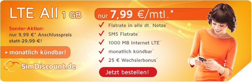 SimDiscount LTE All 1GB - Allnetflat LTE Handytarif mit 1GB LTE Datenflat für monatlich nur 7,99 Euro