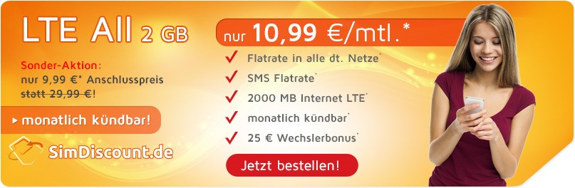 SimDiscount LTE All 2 GB - Allnetflat LTE Handytarif mit 2 GB LTE Datenflat für monatlich nur 10,99 Euro
