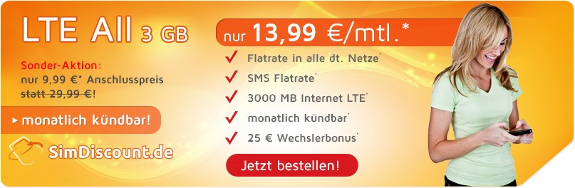 SimDiscount LTE All 3 GB - Allnetflat LTE Handytarif mit 3 GB LTE Datenflat für monatlich nur 13,99 Euro