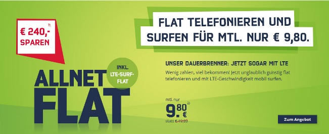 mobilcom-debitel Allnetflat Handytarif mit 1GB LTE-Datenflat monatlich nur 9,80 Euro