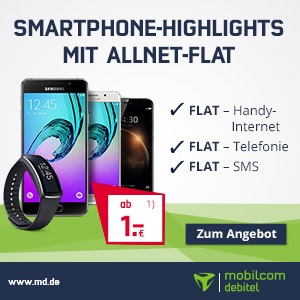Attraktive Top-Smartphones für 1 Euro bei mobilcom-debitel mit Alles-Drin-Flat im Telekom D1-Netz oder Vodafone D2-Netz mit Preisvorteil