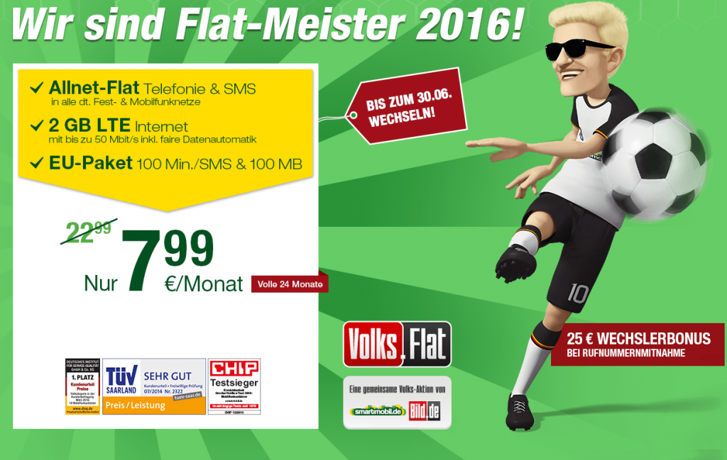 Die smartmobil.de und Bild.de Volks Flat - Der monatlich kündbare Flatmeister Allnetflat Handytarif inklusive 2GB LTE Datenflat für günstige 7,99 Euro monatlich