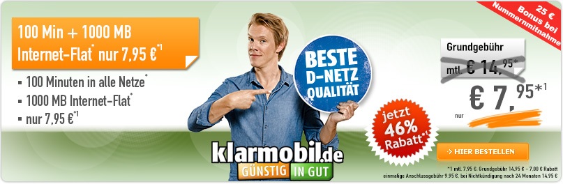 klarmobil.de Smartphone Flat mit 100 Minuten und 1000 MB Datenflat im Telekom D1-Netz nur 7,95 Euro monatlich