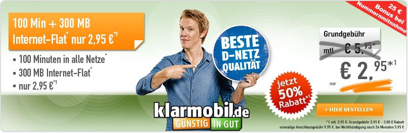 klarmobil.de Smartphone Flat mit 100 Minuten und 300 MB Datenflat im Telekom D1-Netz nur 2,95 Euro monatlich