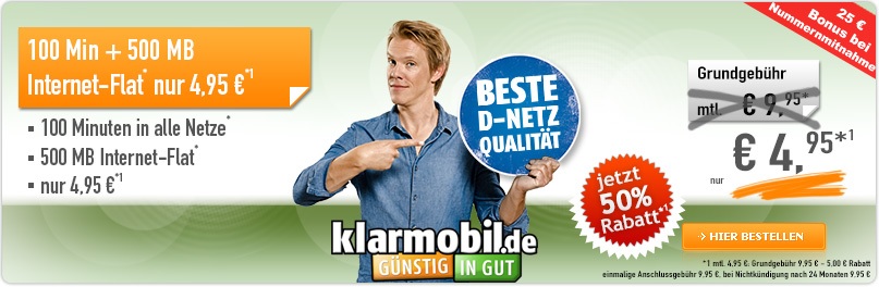 klarmobil.de Smartphone Flat mit 100 Minuten und 500 MB Datenflat im Telekom D1-Netz nur 4,95 Euro monatlich