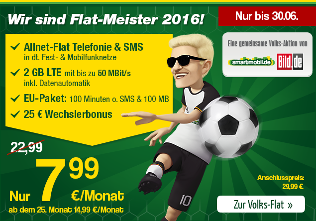 Die smartmobil.de Volks-Flat – Allnetflat Handytarif mit 2 GB LTE Datenflat und gratis EU-Paket für unglaubliche 7,99 Euro monatlich