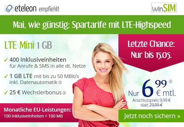 winSIM Spartarife im Mai mit LTE Datenflats ab günstige 6,99 Euro monatlich