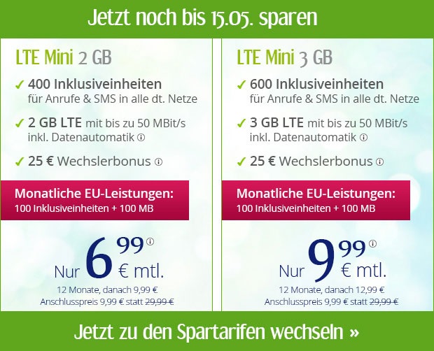winSIM Spartarife im Mai mit LTE Datenflats inklusive EU-Roaming Option ab günstige 6,99 Euro monatlich