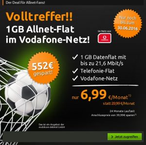 Der crash Deal für Allnet-Fans - Nur 6,99 Euro im Monat für einen Allnetflat Handyvertrag im Vodafone D2-Netz mit 1GB Datenflat