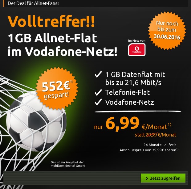 Der crash Deal für Allnet-Fans – Nur 6,99 Euro im Monat für einen Allnetflat Handyvertrag im Vodafone D2-Netz mit 1GB Datenflat