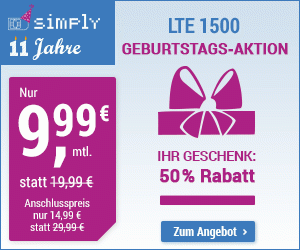 Der simply LTE 1500 Geburtstags Aktionstarif - monatlich kündbarer Allnetflat Handyvertrag mit 1,5GB LTE Datenflat für nur 9,99 Euro monatlich und 25 Euro Wechselbonus