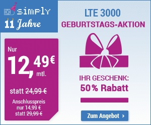 Der simply LTE 3000 Geburtstags Aktionstarif - monatlich kündbarer Allnetflat Handyvertrag mit 3GB LTE Datenflat für nur 12,49 Euro monatlich und 25 Euro Wechselbonus