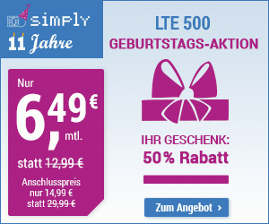 Der simply LTE 500 Geburtstags Aktionstarif - monatlich kündbarer Allnetflat Handyvertrag für nur 6,49 Euro monatlich und 25 Euro Wechselbonus