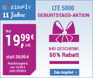 Der simply LTE 5000 Geburtstags Aktionstarif - monatlich kündbarer Allnetflat Handyvertrag mit satten 5GB LTE Datenflat für nur 19,99 Euro monatlich und 25 Euro Wechselbonus