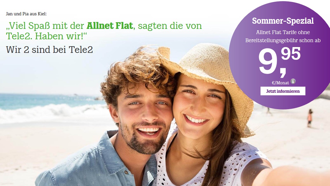 Tele2 Sommer Spezial – Allnetflat Handytarife zum Aktionspreis ab 9,95 Euro